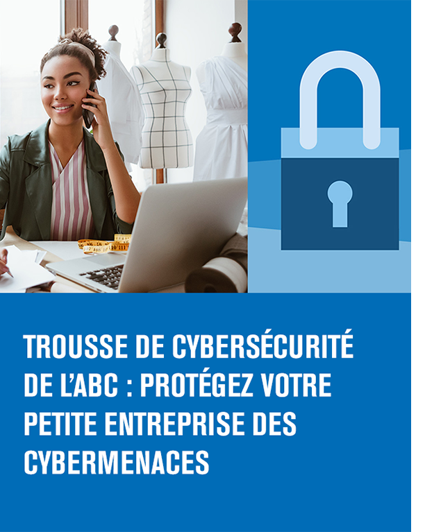 Une femme qui parle au téléphone devant son portatif, avec des mannequins de robes à l’arrière.  Titre de l’article – Trousse de cybersécurité de l’ABC : protégez votre entreprise des cybermenaces.