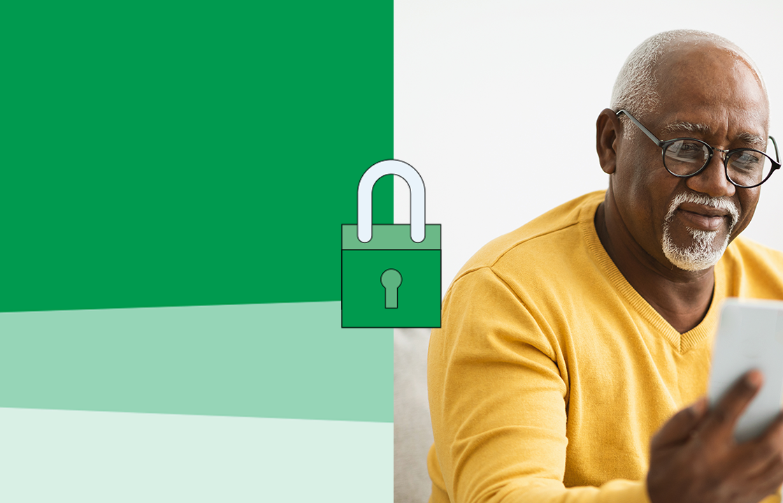 older man holding a cell phone with a graphic of a padlock beside
